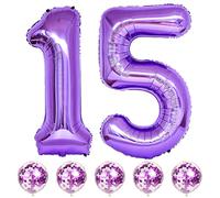 15th Birthday Giant Purple Foil Number 15 with Confetti Balloon Kit - 15 Inch Digit 1 & 5 Helium Decorations for Girls, Boys, Women, Men, Anniversary Party