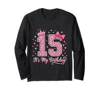 15th Birthday Girl Pink Leopard Bow Crown Cute 15 Years Old Long Sleeve T-Shirt