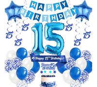 15th Birthday Party Decorations Balloons - Blue Happy Birthday Banner Set with Cake Topper, Number 15 Hanging Swirls and Sash for Boys 15 Years Old Birthday Party Supplies