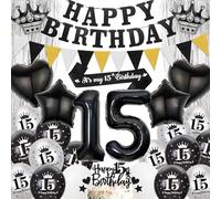 15th Birthday Party Decorations for Boys - Black Silver Happy Birthday Banner Pennant Flags Garlandand Sash, Star Heart Crown Number Foil Balloons Cake Toppers for 15 Years Old Teens
