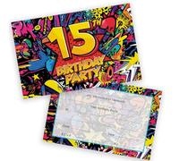 15th Birthday Party Invitations Kids - Comic Book Style 20 Pack - Childrens Birthday Invitations for Boys/Girls A6 Bday Party Invites Invitation Cards with Folding Envelopes