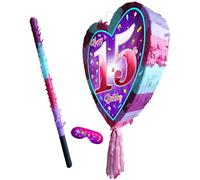 15th birthday pinata with stick - Girls Fifteen party smashing game - Big 41cm x 38cm
