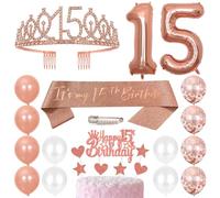 15th Birthday Sash Princess Crown Queen Tiara Rhinestone Headbands Cake Toppers Number 15 Helium Balloons Rose Gold Latex Balloon 15 Birthday Decoration for Girls 15 Year Old Birthday Party Supplies
