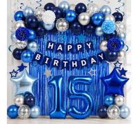 15th Blue Birthday Decorations for Boys Kids Happy Birthday Banner Balloons
