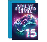 15th Gamer Birthday Cards for Boys Girls - You've Reached Level 15 - Happy 15 Birthday Card for Son Daughter Nephew Niece Grandson, 5x7 Inch Fifteen Fifteenth Bday Video Game Greeting Cards