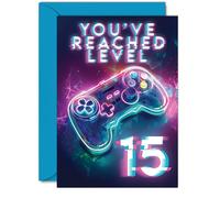 15th Gamer Birthday Cards for Boys Girls - You've Reached Level 15 - Happy 15 Birthday Card for Son Daughter Nephew Niece Grandson, A5 Fifteen Fifteenth Bday Video Game Greeting Cards