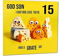 15th God Son Birthday Card - Cheese Pun Funny God Son's Birthday Card for 15 Year old teenage Kids fifteen, fifteenth