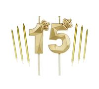 15th Gold Crown Birthday Candles Set, with 6Pcs Long Candles，Birthday Numbers 15 Candles, Happy Birthday Cake Topper for Birthday Party Parties Weddings Company Anniversarie (Gold, 15)