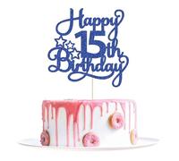 15th Happy Birthday Cake Topper Blue Glitter Happy 15th Cake Topper Cheers to 15 Years for 15 Birthday Decorations 15th Bday Anniversary Party Decor for Girls Boys