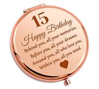 15th Happy Birthday Gift for Daughter Niece Sister Best Friends Compact Makeup Mirror Inspirational Present for Her 15 Year Old Birthday Gift for Girls Cousin Granddaughter Travel Compact Mirror