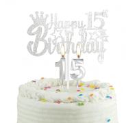 15th Silver Birthday Cake Candle, Party Candle with Cake Topper, Silver Party Candle Cake Topper for Boys Girls Men Women, 15th Birthday Decoration, Wedding Anniversary