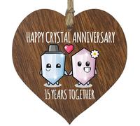 15th Wedding Anniversary Plaque Gift for Husband Wife - 15 Years Together - Happy Crystal Anniversary Wooden Heart for Women Men Partner, Dark Wood Sign Keepsake Gifts
