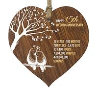 15th Wedding Anniversary Wooden Heart Plaque, Dark Wood Sign Keepsake, Celebrate Crystal Anniversary Wife Husband Boyfriend Girlfriend, Plaque with Quotes Gifts from the Kids
