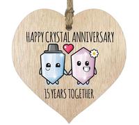 15th Wedding Anniversary Plaque Gift for Husband Wife - 15 Years Together - Happy Crystal Anniversary Wooden Heart for Women Men Partner, Light Wood Sign Keepsake Gifts