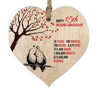 15th Wedding Anniversary Wooden Heart Plaque, Light Wood Sign Keepsake, Celebrate Crystal Anniversary Wife Husband Boyfriend Girlfriend, Plaque with Quotes Gifts from the Kids