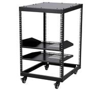 15U Open Frame Network Rack for Servers and AV Gear, Mobile Server Rack 4-Post with Casters, with 2pcs 1U Shelf and Mounting Hardware, AV Rack for 19" Network, Server, Audio Equipments