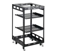 15U Open Frame Rack for Server & AV Devices, Heavy Duty 4 Post Design, Including Casters, Leveling Feet and 2 Vented Shelves
