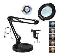 15X 10X Magnifying Glass with Light and Stand, 2 in 1 Magnifying Desk Lamp with Clamp & Base, 5 Color Modes Dimmable with Swing Arm, LED Lighted Magnifier Light for Reading, Repair, Craft, Close Work