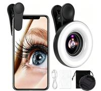 15X Macro Lens with Mini Clip Ring Light, Phone Photography Fill Light (Black)