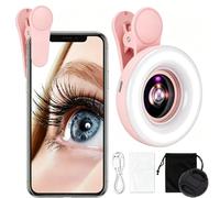 15X Macro Lens with Mini Clip Ring Light, Phone Photography Fill Light (Pink)