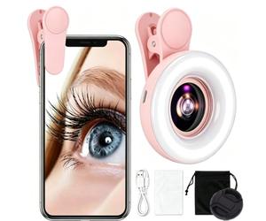 15X Macro Lens with Mini Clip Ring Light, Phone Photography Fill Light (Pink)