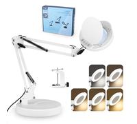 15X Magnifier with Light, LED Illuminated Magnifier with Light and Stand, 5 Colour Patterns Infinitely Dimmable 2-in-1 Table Lamp with Adjustable Swivel Arm for Reading, Work and Crafts Enthusiasts