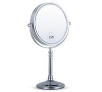 MIRRORVANA 15X Magnifying Dressing Table Mirror for Makeup - Double Sided 15X/1X, Free Standing Mirror for Vanity and Bathroom - 15cm Wide & 30cm Tall (Chrome)