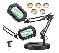 15X Magnifying Glass with Clamp and Base,5 Color Modes Stepless Dimmable, 2-in-1 LED Lighted Desk Magnifier for Craft Work Reading Repair Crafts