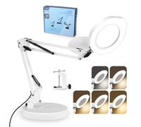 15X Magnifying Glass with Light and Stand, 2-in-1 LED Magnifier Desk Lamp with Base and Clamp, 5 Color Modes, Stepless Dimmable, 360° Adjustable Swivel Arm, Hands Free for Reading, Work, Hobbies(WH)