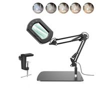 15X Magnifying Glass with Light & Stand, 5 Color Modes Stepless Dimmable LED Lighted Desk Lamp with Clamp, USB Rechargeable Magnifier with Adjustable Swing Arm for Reading, Repair, DIY, Close Work
