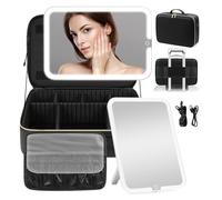 15''X11'' Makeup Bag with Removeable Lighted Mirror, Travel Makeup Case with 3 Color Lights Dimmable Brightness, Large Capacity Cosmetic Organizer Case with Detachable Dividers & Shoulder Strap