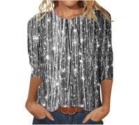 (16, 033* Silver) Womens Tops 3/4 Sleeve Shirts Round Neck Dressy Casual Blouses Glitter Sequin Print Tshirts Fall Cute Tunic Tops Basic Tees Blouse Loose Fit Pullover