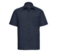 (16-16.5, French Navy) Russell Collection Mens Short Sleeve Poly-Cotton Easy Care Poplin Shirt