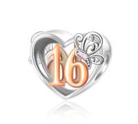 16 16th Butterfly Birthday Rose Gold Love Heart Bead Pendant 925 Sterling Silver Dangle Compatible With Pandora Moments Charm Bracelet