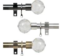 16-19mm Extendable Metal Curtain Pole Set with Crystal Cut Diamond Finials Rings & Fittings (120cm - 210cm, Antique Brass)