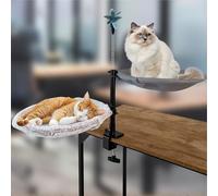 16" 2-Tier Cat Desk Bed with Dual Hammocks - Ultra-Soft Removable Faux Fur & Breathable Mesh Pads - Desk-Mounted Perch for One or Multiple Cats - Bonus Feather Toy Included