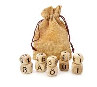 16/20MM German Letters (Capital, Lowercase + Special Characters) Dice Set - 10 Wooden Dice, Precision Laser Engraved, Ideal for Teaching and Games