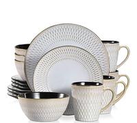 16/32/48 Piece Grey Embossed Stoneware Tableware Set with Dinner/Dessert Plates/Soup Bowls/Mugs for 4/8/12.