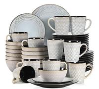 16/32/48 Piece Grey Embossed Stoneware Tableware Set with Dinner/Dessert Plates/Soup Bowls/Mugs for 4/8/12.