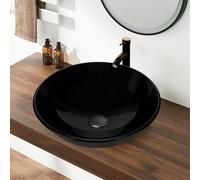 16.5" Black Glass Vessel Sink with Faucet and Drain - Round Above Counter Bathroom Sink Bowl, Modern Transparent Countertop Sink for Vanity, Small Bathroom or Powder Room