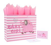 16.5” Extra Large Baby Girl Gift Bag Set with Handles, Greeting Card, Pink Tissue Papers and Stickers for Baby Shower, Newborn, New Moms or Parents, Kids Birthday Party, 3D Elephant Design, 1 Pcs