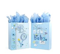 16.5" Extra Large Baby Shower Gift Bags (Glitter Pop-up Design Picture) with Tissue Papers/Handles and Tags for Baby Boy 2-Pack (Blue)