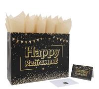 16.5” Extra Large Black Retirement Gift Bag Set with Handles, Greeting Card, Tissue Papers and Stickers for Men Women Office Coworker, Farewell Going Away Party, Happy Retirement Design, 1 Pcs