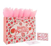 16.5” Extra Large Strawberry Happy Birthday Gift Bag Set with Handles, Greeting Card, Tissue Papers and Stickers for Girls Kids Teens Women, Fruit Themed Birthday Design, 1 Pcs