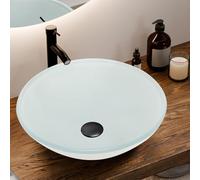 16.5" White Glass Vessel Sink with Faucet and Drain - Modern Round Countertop Bathroom Sink Bowl, Transparent Above Counter Vanity Basin for Small Spaces