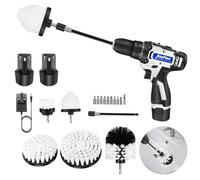16.8V Cordless Combi Drill Driver with 2 Batteries & 10 Drill Bit Set & 5Pcs Drill Brushes Set, Power Scrubber Attachment Kit for Cleaning Kitchen, Bathroom, Sink, Tub, Floor/Wall Tile, Car Wheel