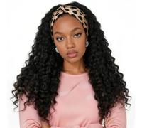 16" Afro Curly Deep Wave Headband Wig Black Kinky Curly Half Wig with Head Band 4c Synthetic Wear and Go Glueless Headband Wigs for Black Women Daily Party Sport Gym Secure Wear