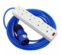 16 amp plug to 4 gang socket mains hook up extension lead with 1.5mm arctic blue flex, 15 metre