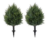 16'' Artificial Cedar Topiary Ball Trees with Ground Spike, UV Resistant Artificial Bushes, Set of 2 Faux Cypress Plants Faux Shrubs for Outdoor Indoor Front Porch Garden
