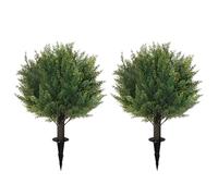 16'' Artificial Cedar Topiary Ball Trees with Ground Spike, UV Resistant Artificial Bushes, Set of 2 Faux Cypress Plants Faux Shrubs for Outdoor Indoor Front Porch Garden